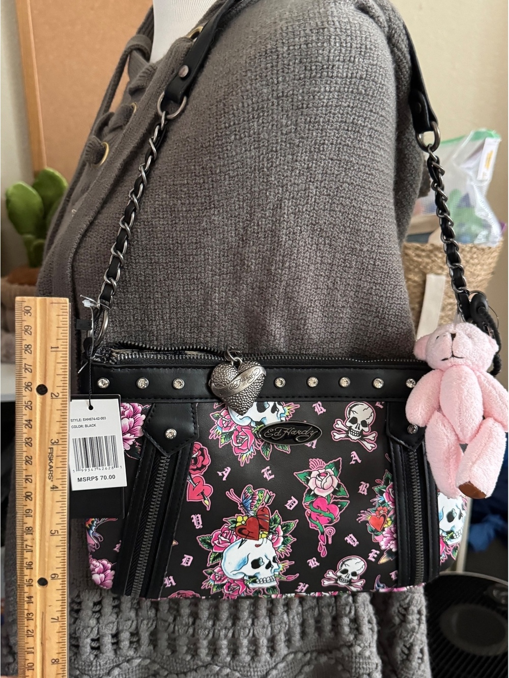 Ed Hardy skull rose tattoo shoulder bag teddy bear charms Y2K NWT